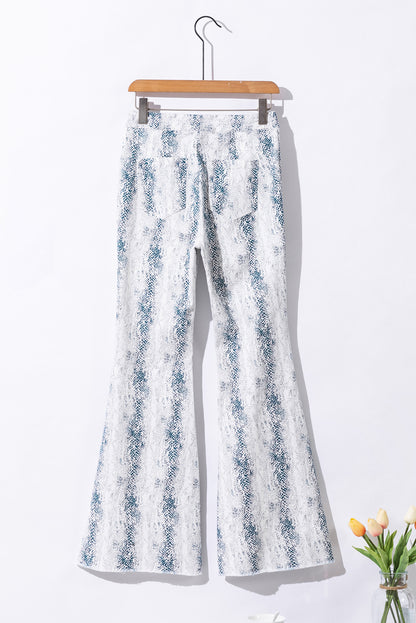 White Western Fashion High Waist Snakeskin Print Flare Pants