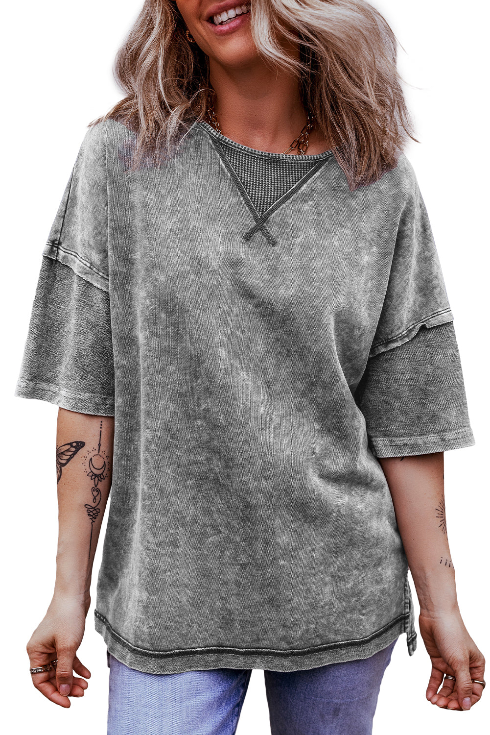 Philippine Gray Mineral Wash Exposed Seam Drop Shoulder Oversized Tee