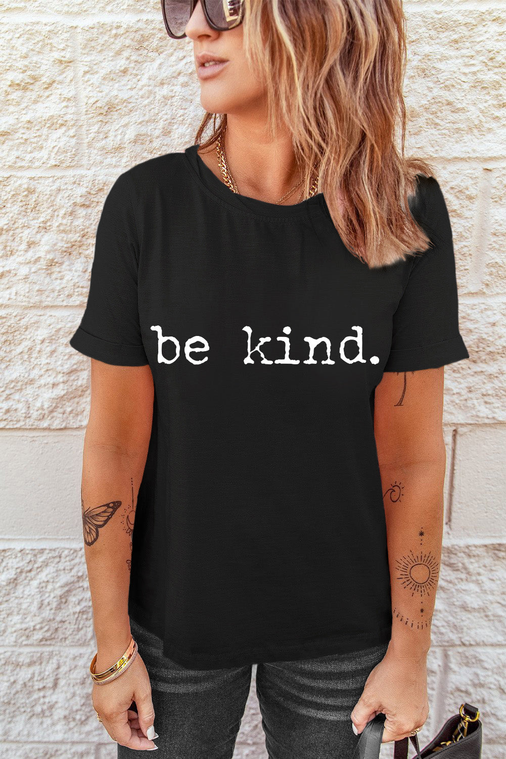 Black be kind Letter Print Round Neck Casual T Shirt