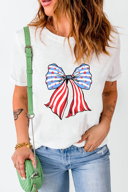 White Stripes and Stars Bowknot Print T Shirt