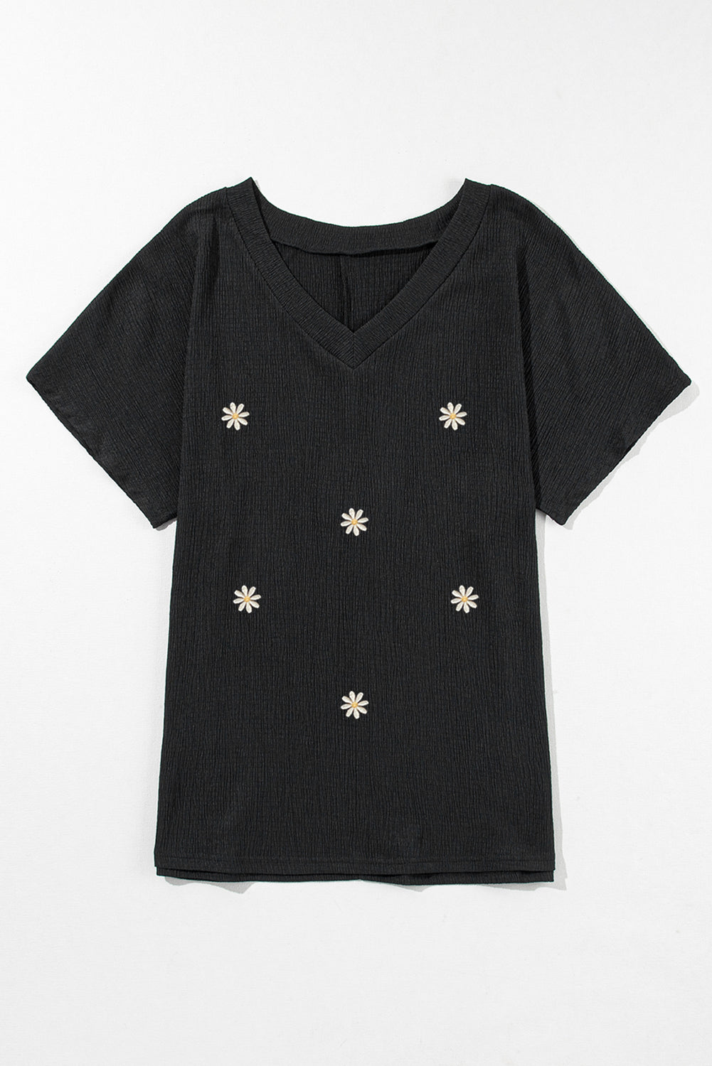 Black Crinkled Daisy Embroidered V Neck T Shirt