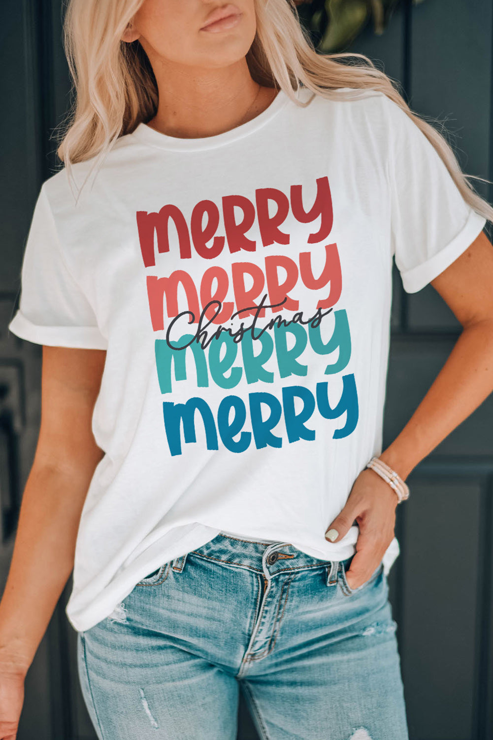 White Merry Christmas Letter Print Crew Neck T Shirt